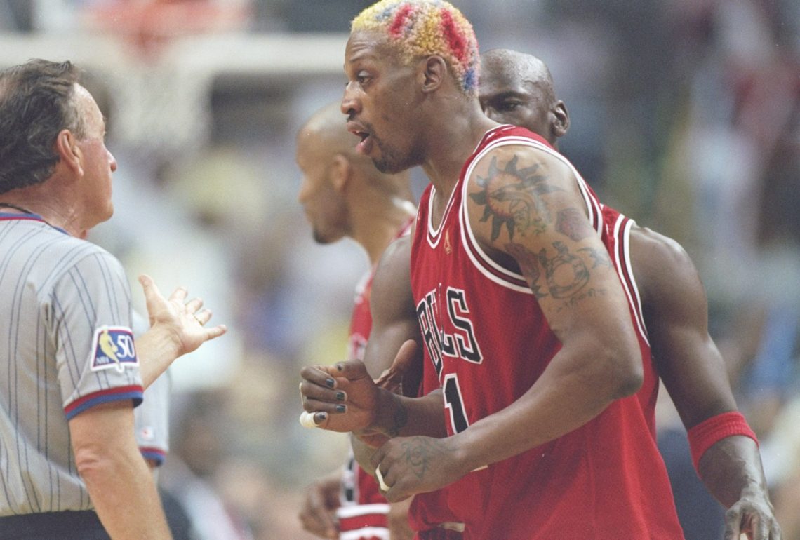 26 May 1997:  Forward Dennis Rodman of the Chicago Bulls argues with an official during a playoff game against the Miami Heat at the Miami Arean in...