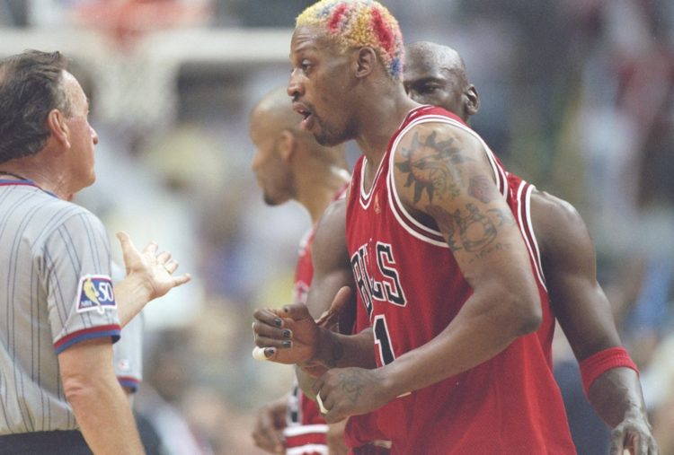 26 May 1997:  Forward Dennis Rodman of the Chicago Bulls argues with an official during a playoff game against the Miami Heat at the Miami Arean in...