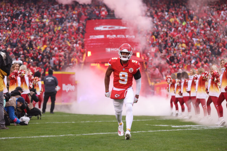 KANSAS CITY, MO - JANUARY 21: JuJu Smith-Schuster #9 of the Kansas City Chiefs runs on the field during player introductions prior to an AFC Divisi...
